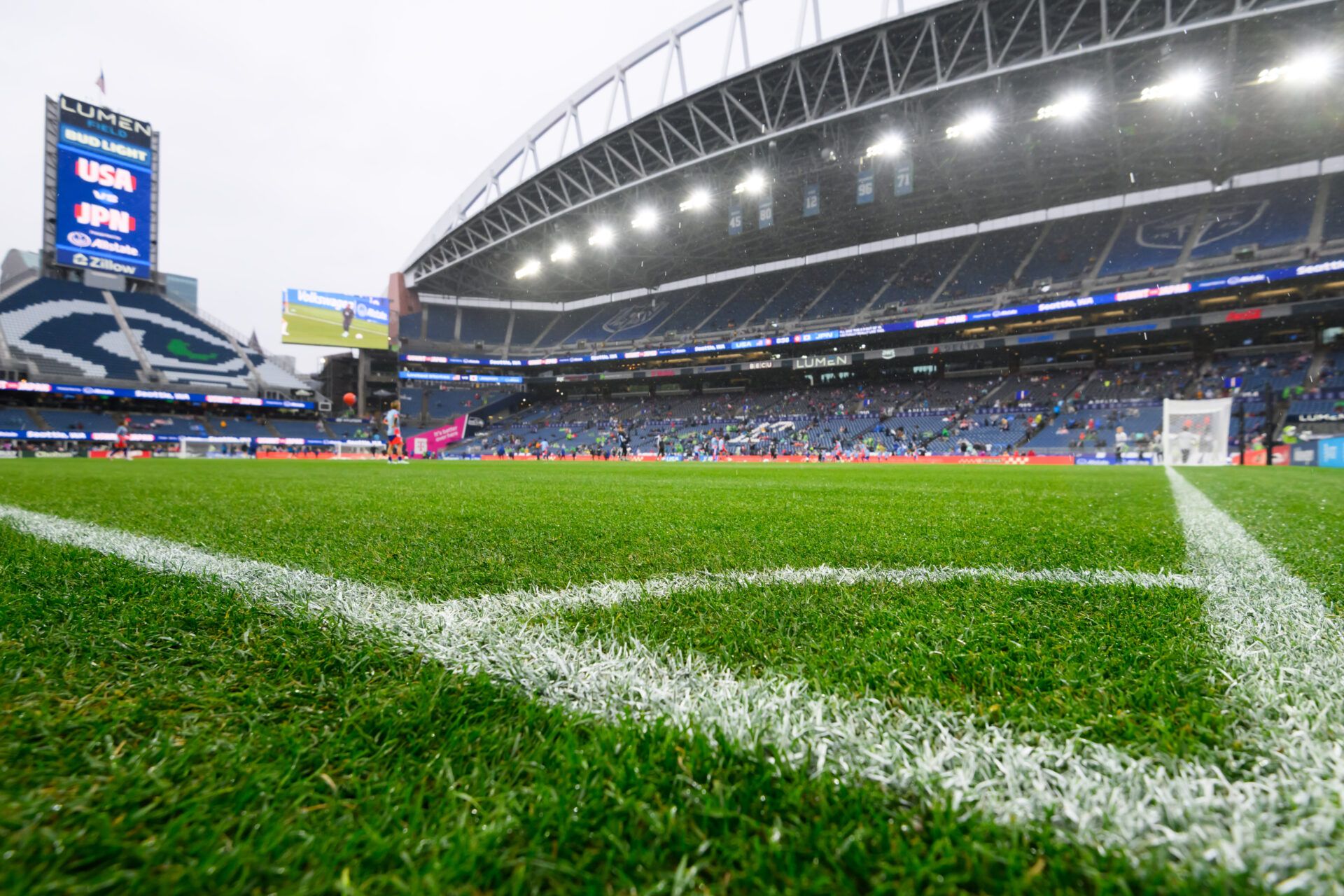A general view of the natural grass installed for the upcoming world cup at Lumen Field.