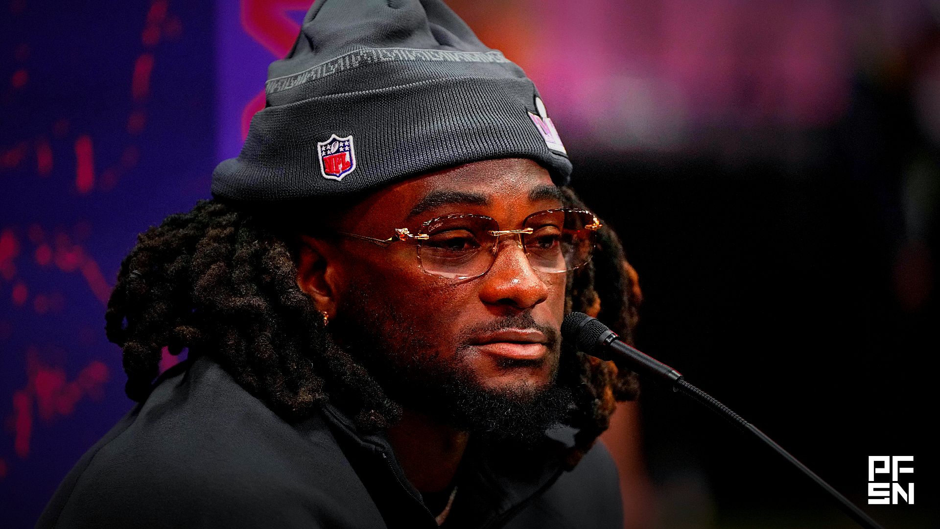 San Francisco 49ers wide receiver Brandon Aiyuk (11) talks to the media during Super Bowl LVIII Opening Night at Allegiant Stadium.