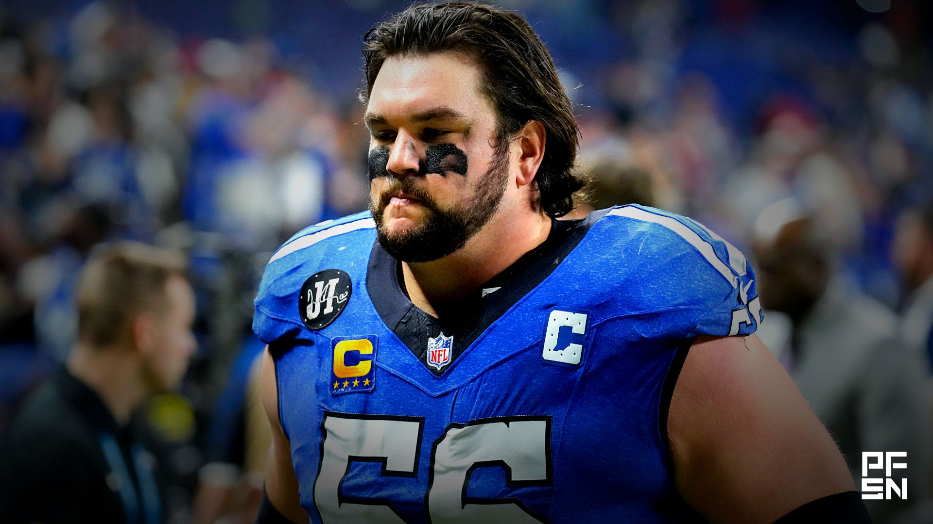 Indianapolis Colts guard Quenton Nelson (56) leaves the field Monday, Dec. 22, 2025, after losing a game against the San Francisco 49ers at Lucas Oil Stadium in Indianapolis.