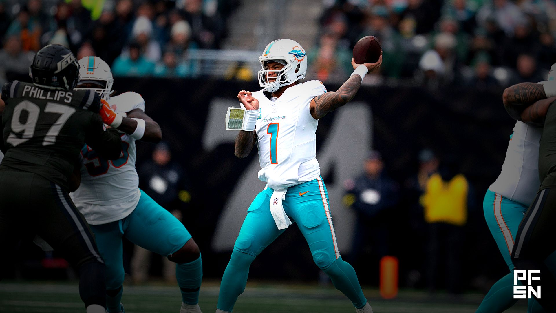 Miami Dolphin's quarterback Tua Tagovailoa (1) looks to pass the ball during a week 14 football game between the New York Jets and Miami Dolphins at MetLife Stadium on Sunday, Dec. 7, 2025.
USA TODAY Network via Reuters Connect