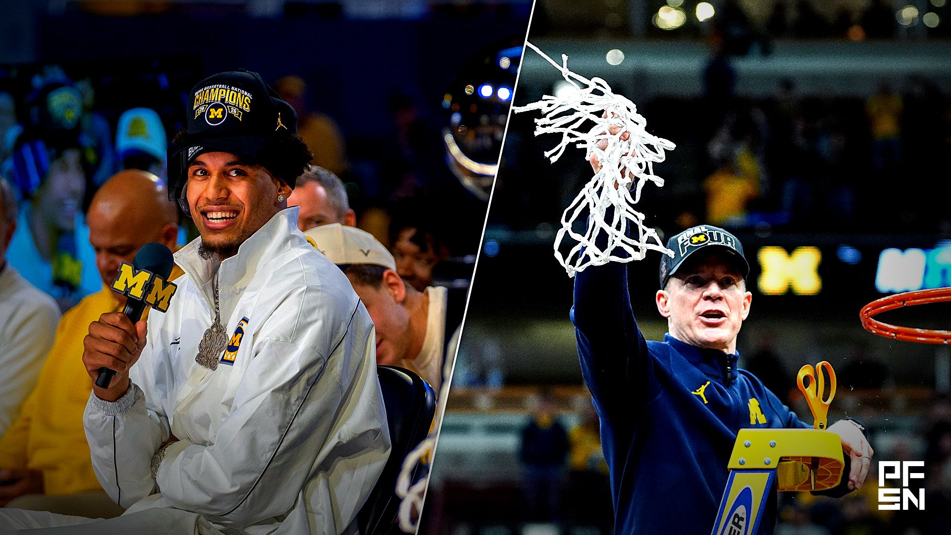Yaxel Lendeborg (L) urges new Dallas Mavericks coach Dusty May (R) to draft him.
