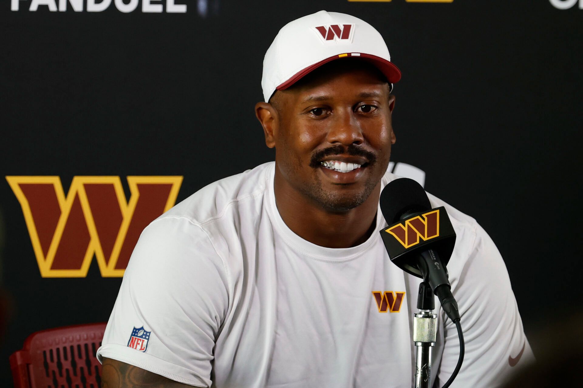 Washington Commanders outside linebacker Von Miller (24) speaks with the media after practice on day two of training camp at OrthoVirginia Training Center at Commanders Park.