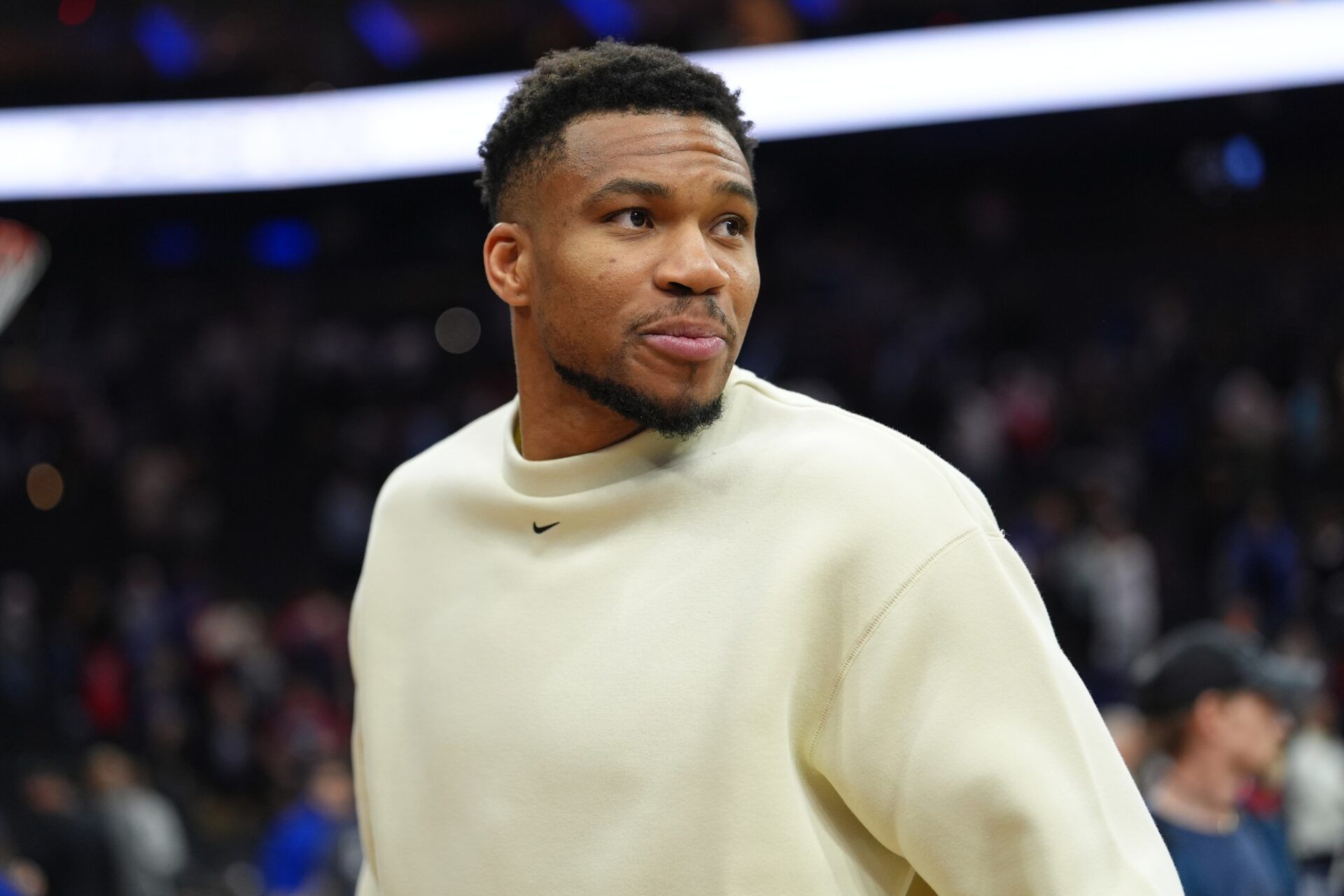 Milwaukee Bucks forward Giannis Antetokounmpo looks on after the game against the Philadelphia 76ers at Xfinity Mobile Arena.