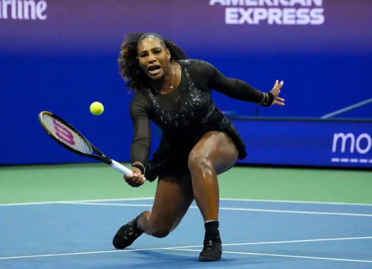 Serena Williams of the USA hits to Ajla Tomljanovic of Australia on day five of the 2022 U.S. Open tennis tournament at USTA Billie Jean King National Tennis Center.