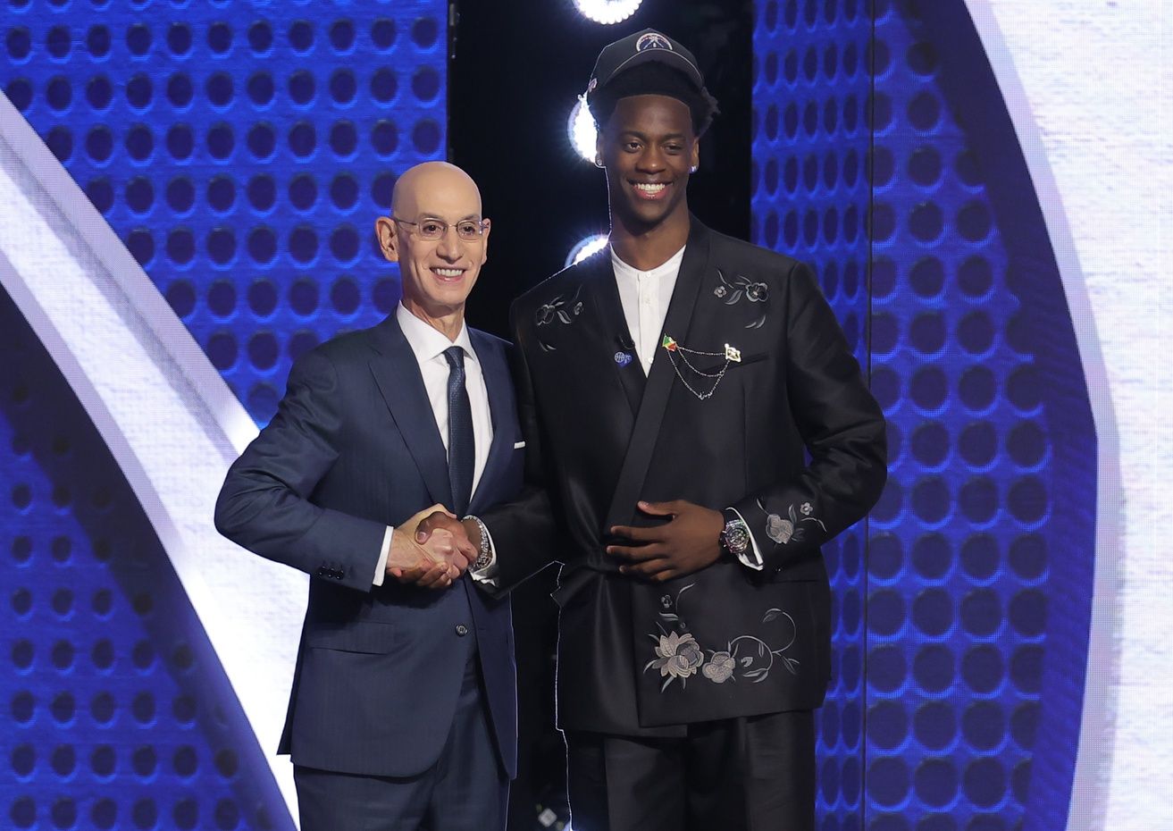 NBA Commissioner poses with the first pick in the 2026 NBA draft selected by the Washington Wizards, BYU forward AJ Dybantsa at Barclays Center.