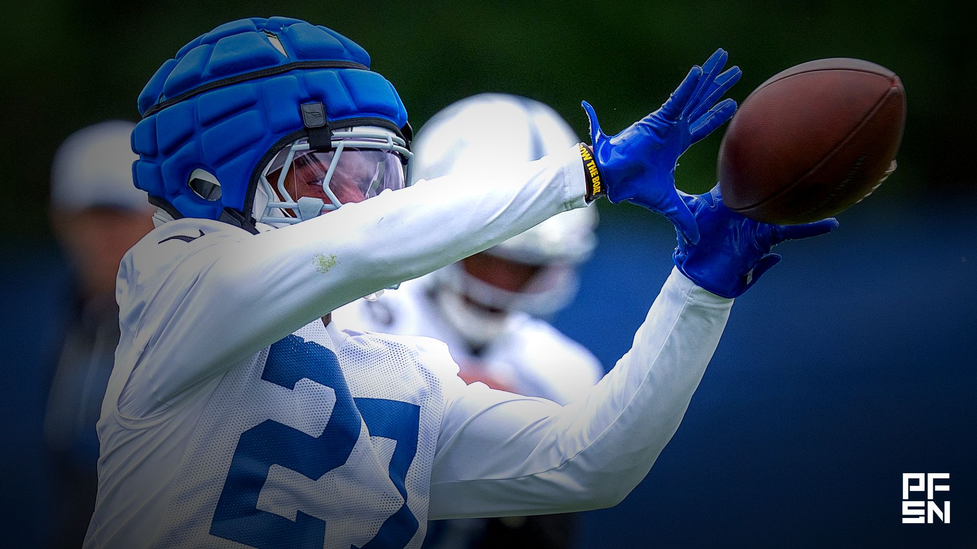 Indianapolis Colts cornerback Justin Walley (27) pulls in a pass Monday, June 1, 2026, during practice at the Indiana Farm Bureau Football Center.