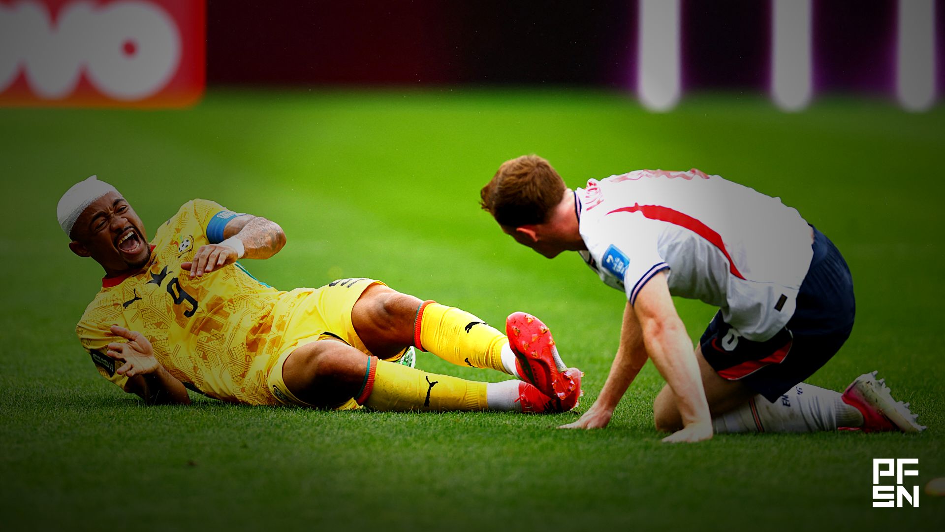 Soccer Football - FIFA World Cup 2026 - Group L - England v Ghana - Boston Stadium, Foxborough, Massachusetts, U.S. - June 23, 2026
Ghana's Jordan Ayew reacts with England's Elliot Anderson REUTERS/Peter Cziborra