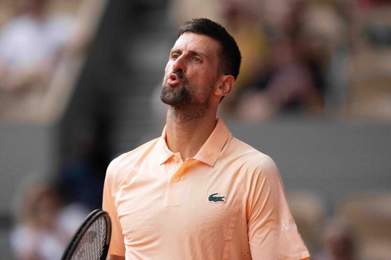 Novak Djokovic of Serbia reacts during his match against Joao Fonseca of Brazil on day six at Stade Roland Garros.