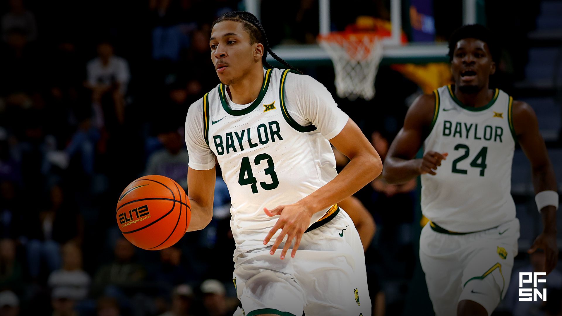 Baylor Bears guard Cameron Carr (43) dribbles the ball upcourt against the Arizona Wildcats during the first half at Paul and Alejandra Foster Pavilion.