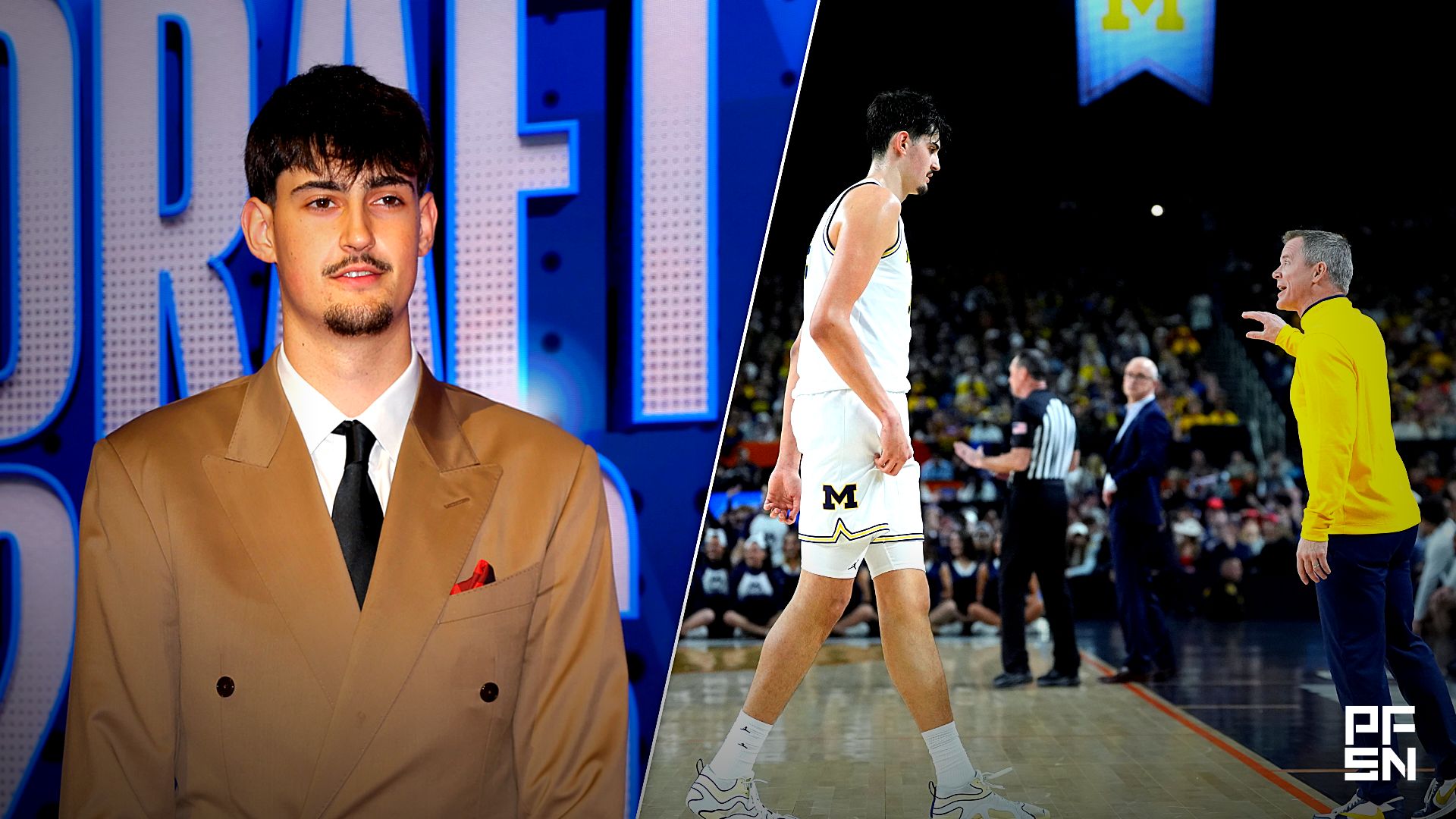 Collage featuring BASKETBALL-NBA/ and Michigan center Aday Mara (15) speaks with Michigan head coach Dusty May during the first half of the NCAA national championship.
IMAGN IMAGES via Reuters Connect / USA TODAY Network via Reuters Connect