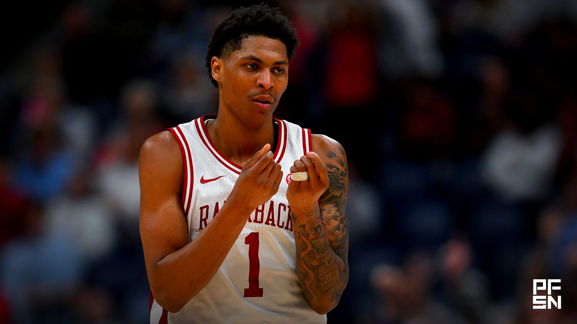 Arkansas Razorbacks guard Meleek Thomas (1) reacts after a made three point basket during the second half at Bridgestone Arena.