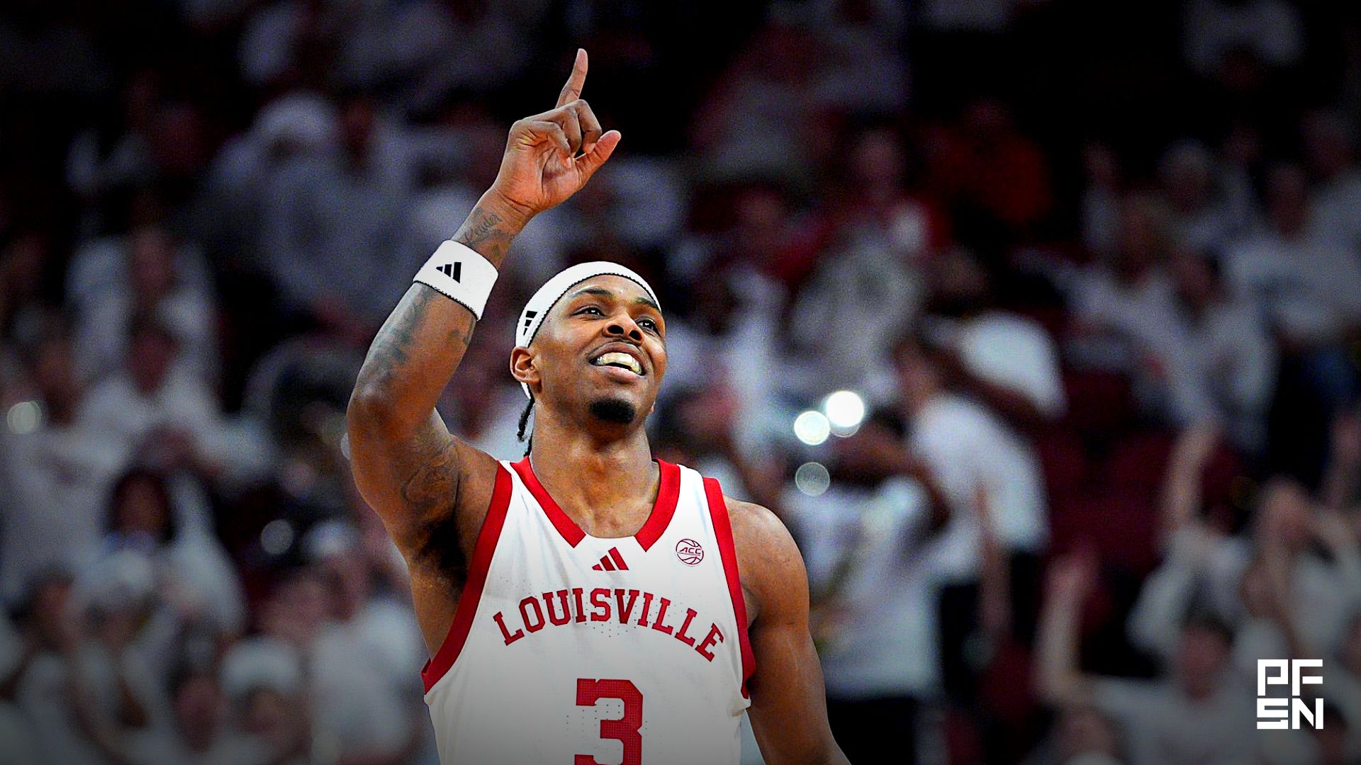 Louisville Cardinals guard Ryan Conwell (3) celebrates after hitting a three-point goal against NC State at the KFC Yum! Center in downtown Louisville February 9, 2026.