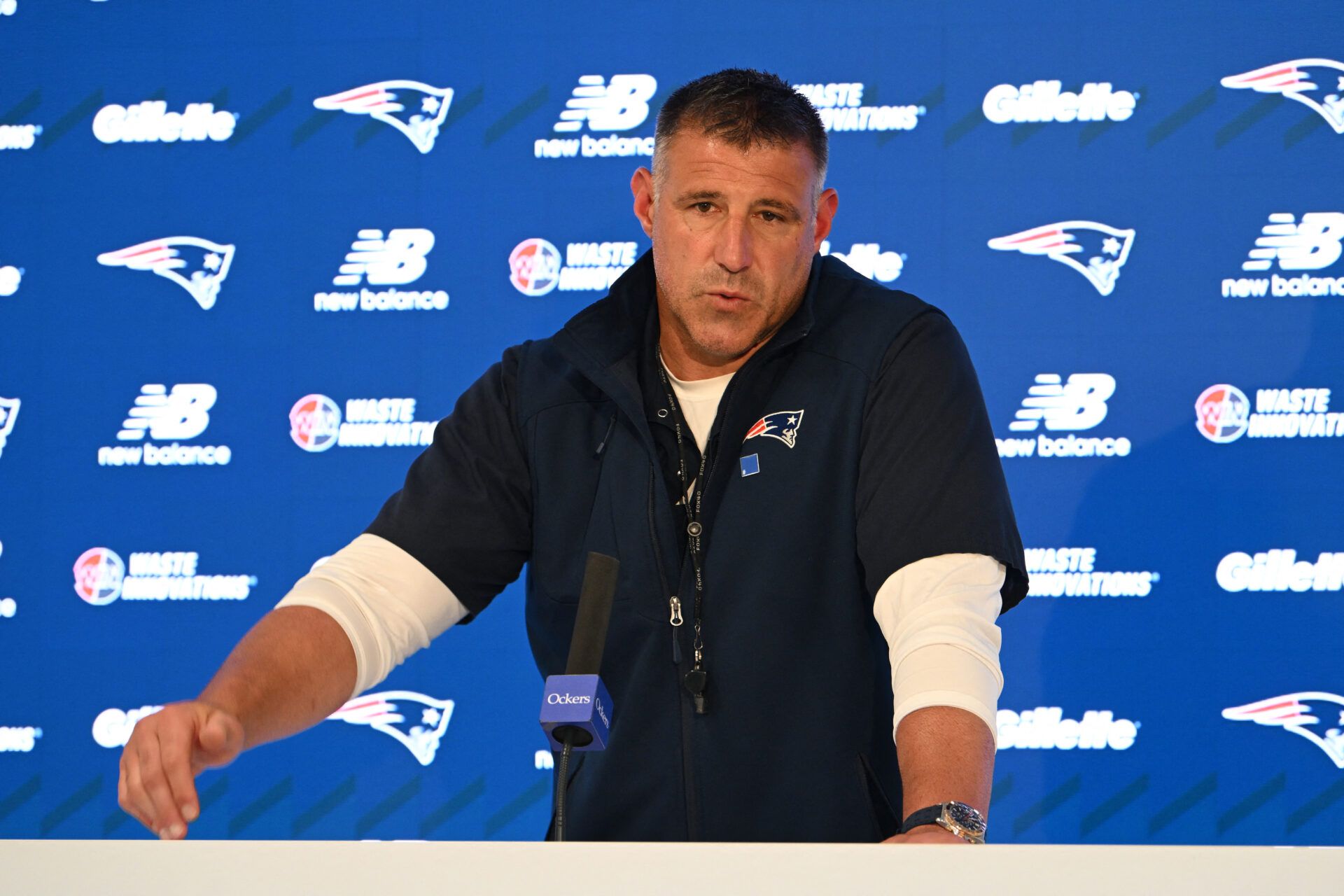 New England Patriots head coach Mike Vrabel holds a press conference before minicamp at Gillette Stadium.