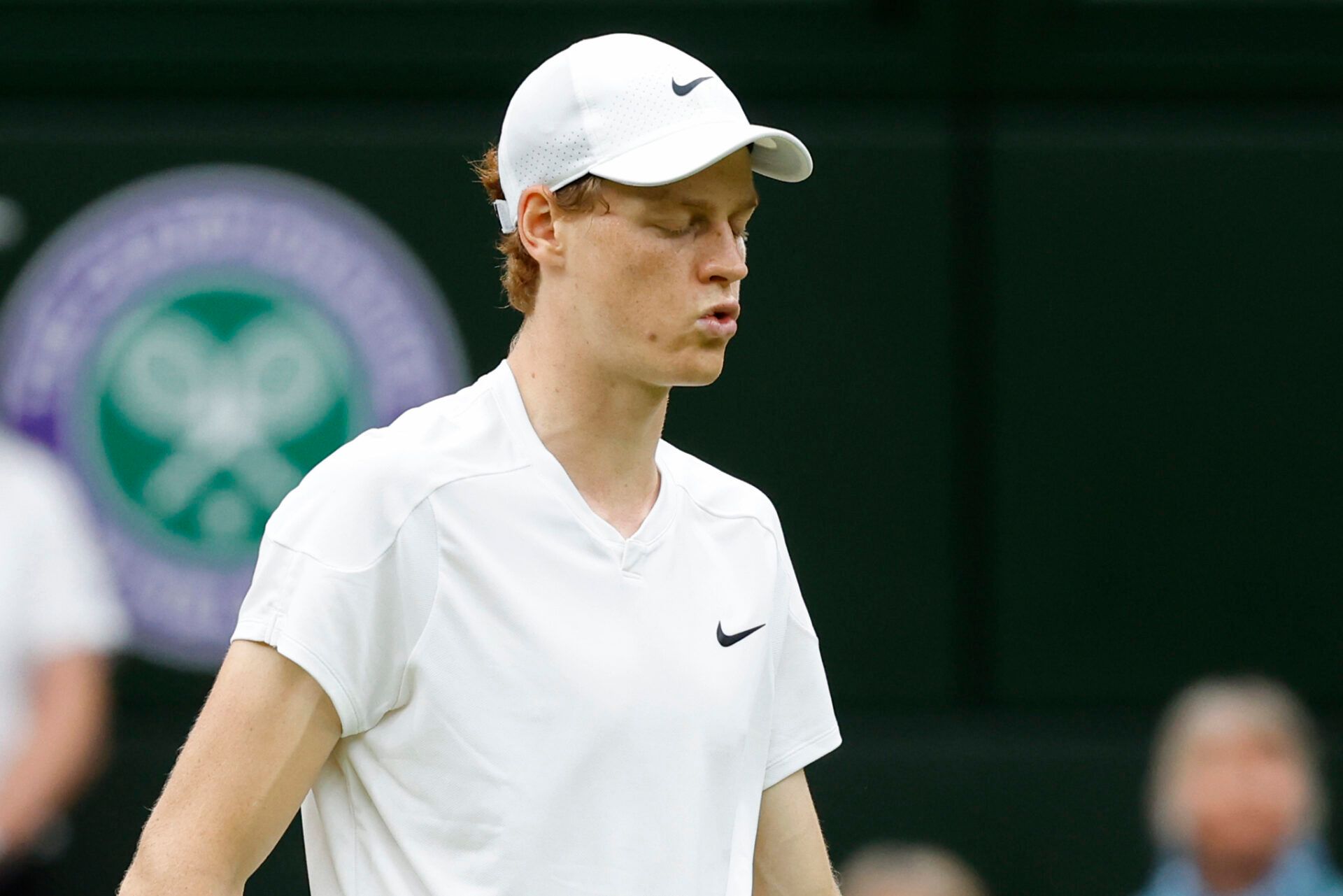 Jannik Sinner (ITA) reacts after winning the fourth set against Daniil Medvedev (not pictured) in a gentlemen's singles quarter-final match on day nine of The Championships Wimbledon 2024 at The All England Lawn Tennis Club.