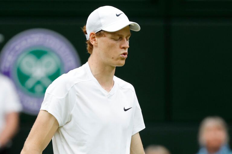 Jannik Sinner (ITA) reacts after winning the fourth set against Daniil Medvedev (not pictured) in a gentlemen's singles quarter-final match on day nine of The Championships Wimbledon 2024 at The All England Lawn Tennis Club.