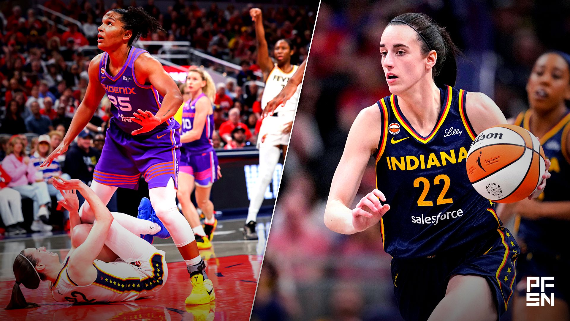 Collage featuring Indiana Fever guard Caitlin Clark (22) falls in the lane as Phoenix Mercury forward Alyssa Thomas (25) eyes the ball Wednesday, and Indiana Fever guard Caitlin Clark (22) rushes up the court Monday, June 22, 2026, during the game at Gainbridge Fieldhouse in.
USA TODAY Network via Reuters Co