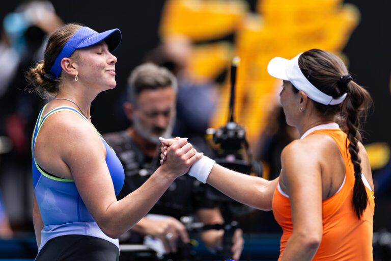 Jessica Pegula of United States celebrates her victory over Amanda Anisimova of United States in the quarterfinals of the women’s singles at the Australian Open at Rod Laver Arena in Melbourne Park.