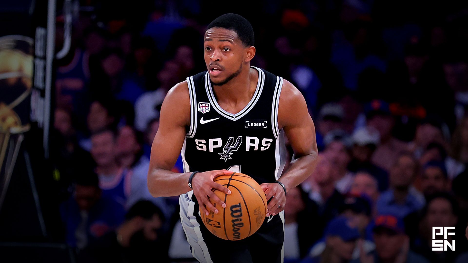 San Antonio Spurs guard De'aaron Fox (4) controls the ball against the New York Knicks during the fourth quarter of game four of the 2026 NBA Finals at Madison Square Garden.