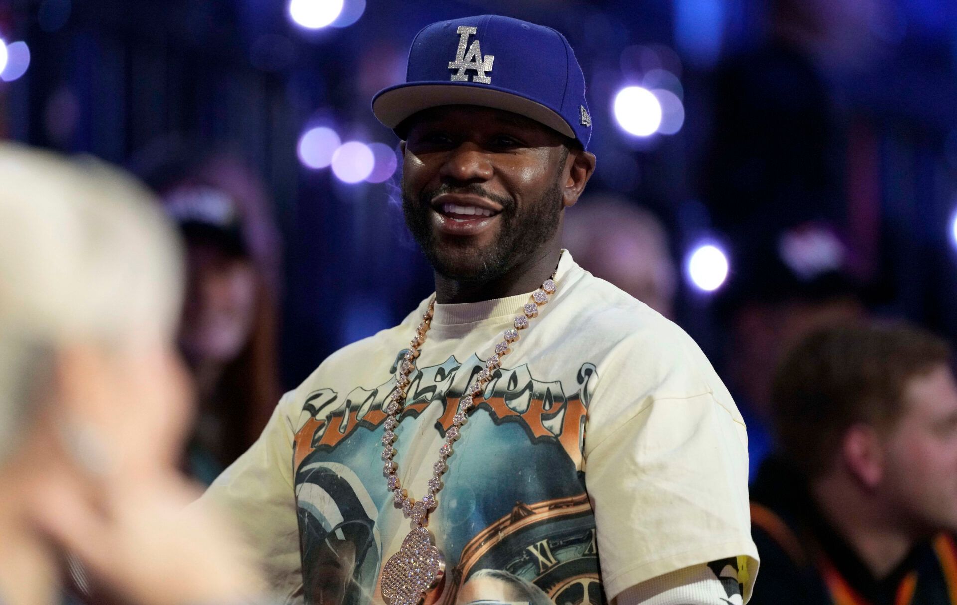 Floyd Mayweather Jr. during the 1st quarter of the Emirates NBA Cup championship game between the Oklahoma City Thunder and Milwaukee Bucks at T-Mobile Arena.