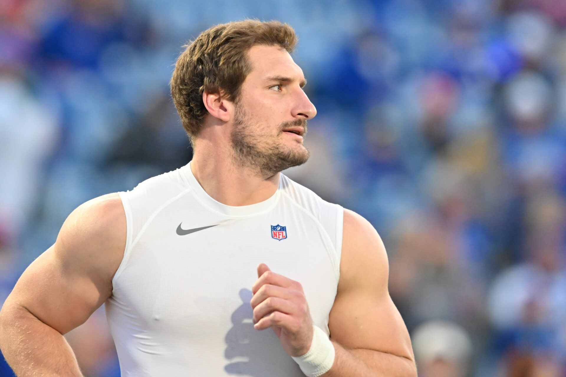 Buffalo Bills defensive end Joey Bosa (97) warms up prior to the game against the Baltimore Ravens at Highmark Stadium.