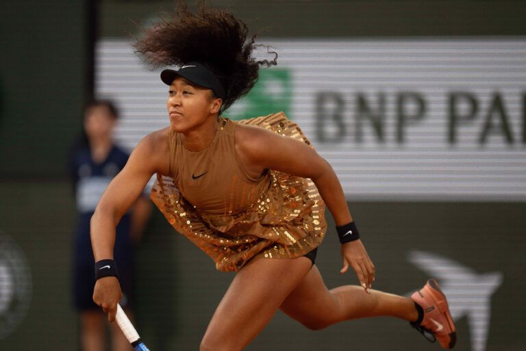 Naomi Osaka of Japan serves during her match against Aryna Sabalenka on day nine at Stade Roland Garros.