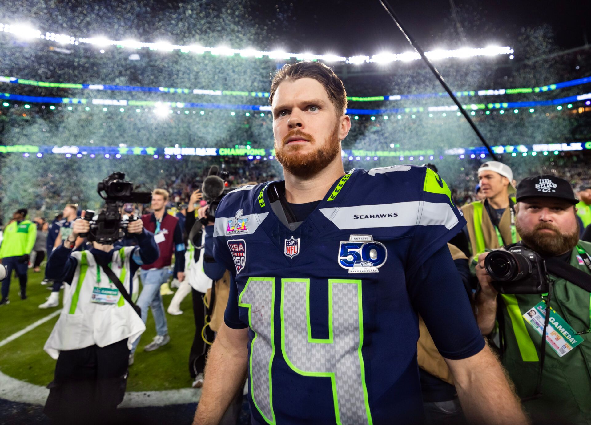 Seattle Seahawks quarterback Sam Darnold (14) after defeating the New England Patriots during Super Bowl LX at Levi's Stadium.