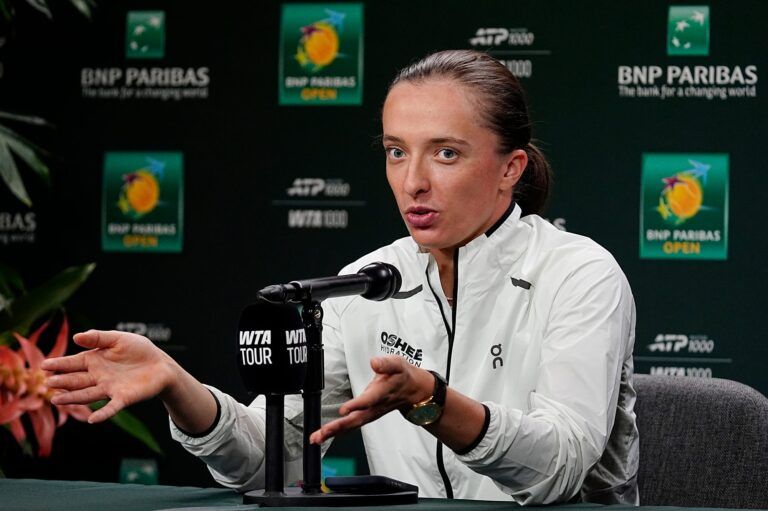 Iga Swiatek speaks to the media ahead of the BNP Paribas Open main draw at the Indian Wells Tennis Garden in Indian Wells, Calif., on Tuesday, March 3, 2026.