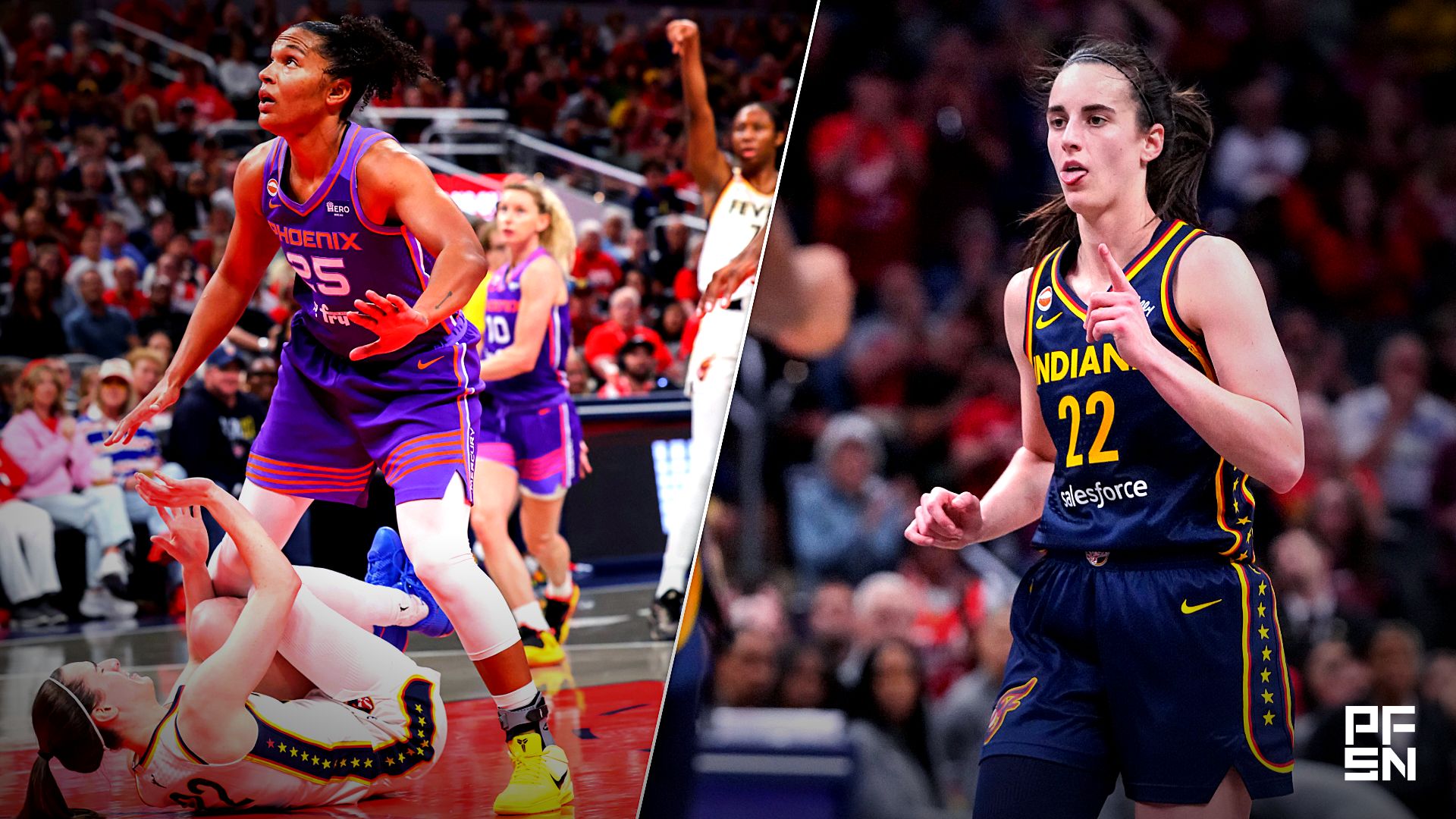 Collage featuring Indiana Fever guard Caitlin Clark (22) falls in the lane as Phoenix Mercury forward Alyssa Thomas (25) eyes the ball Wednesday, and Indiana Fever guard Caitlin Clark (22) reacts after scoring a three-point basket Monday, June 22, 2026, during the game at.
USA TODAY Network via Reuters Co