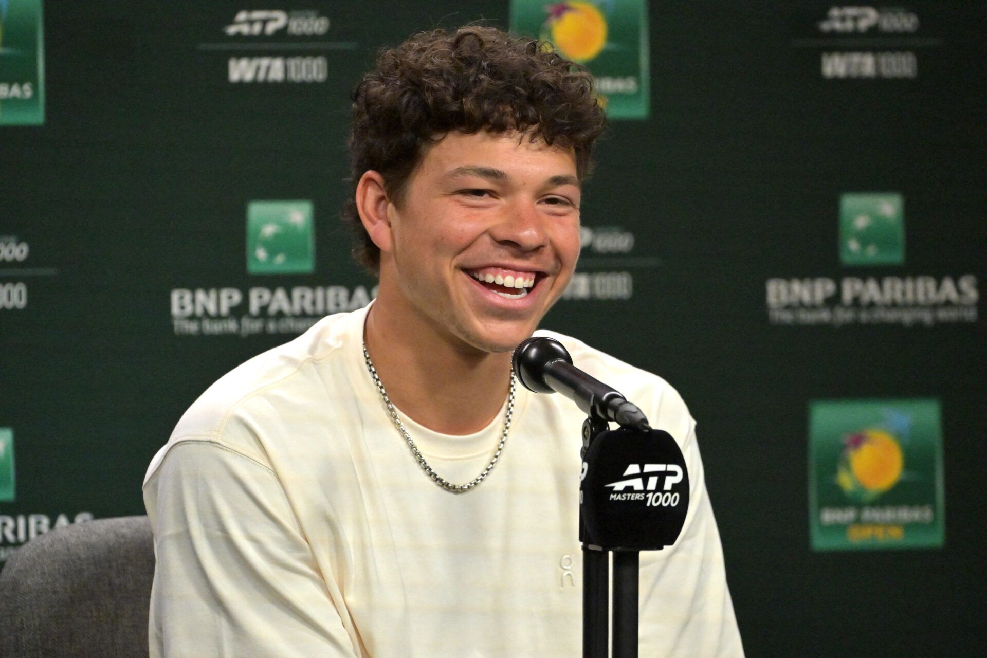 Ben Shelton (USA) speaks to the media at a news conference during the BNP Paribas Open at the Indian Wells Tennis Garden.