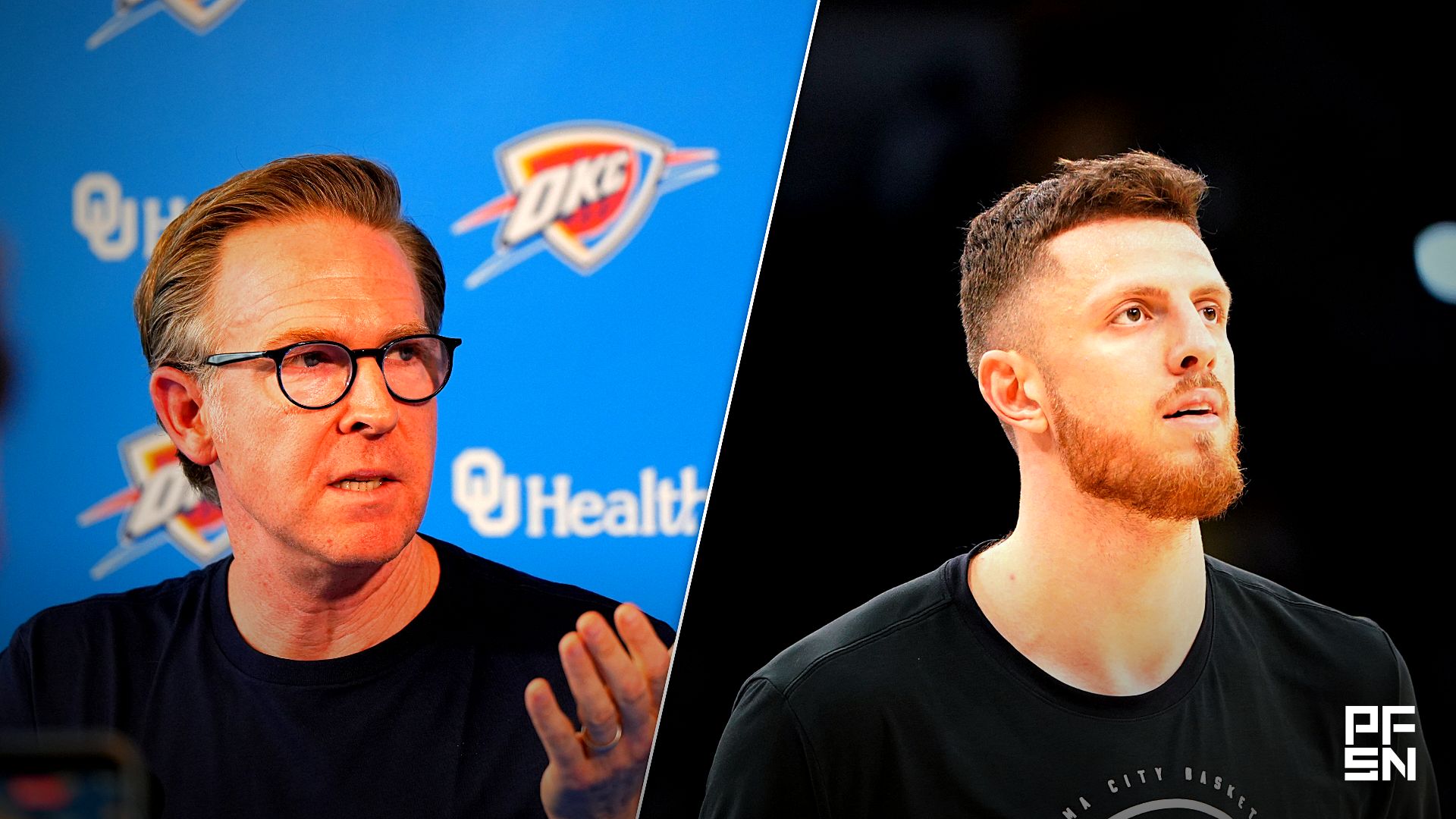 Collage featuring Sam Presti, Thunder General Manager, has his end-of-season media access, Monday, June 8, 2026. and BASKETBALL-NBA/.
USA TODAY Network via Reuters Co / IMAGN IMAGES via Reuters Connect
