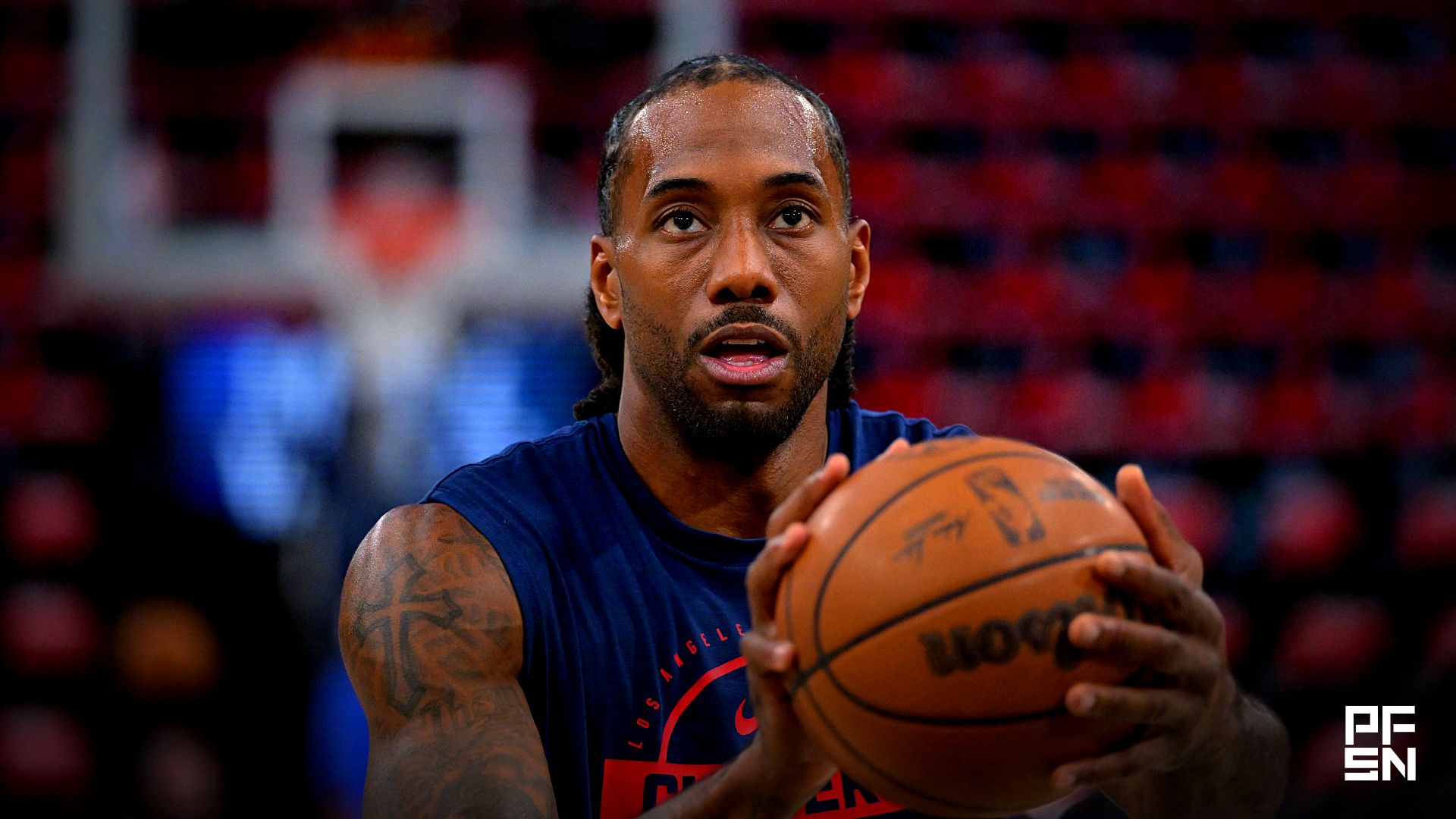 Los Angeles Clippers forward Kawhi Leonard (2) warms up prior to the game against the Golden State Warriors in the play-in rounds of the 2026 NBA Playoffs at Intuit Dome.
