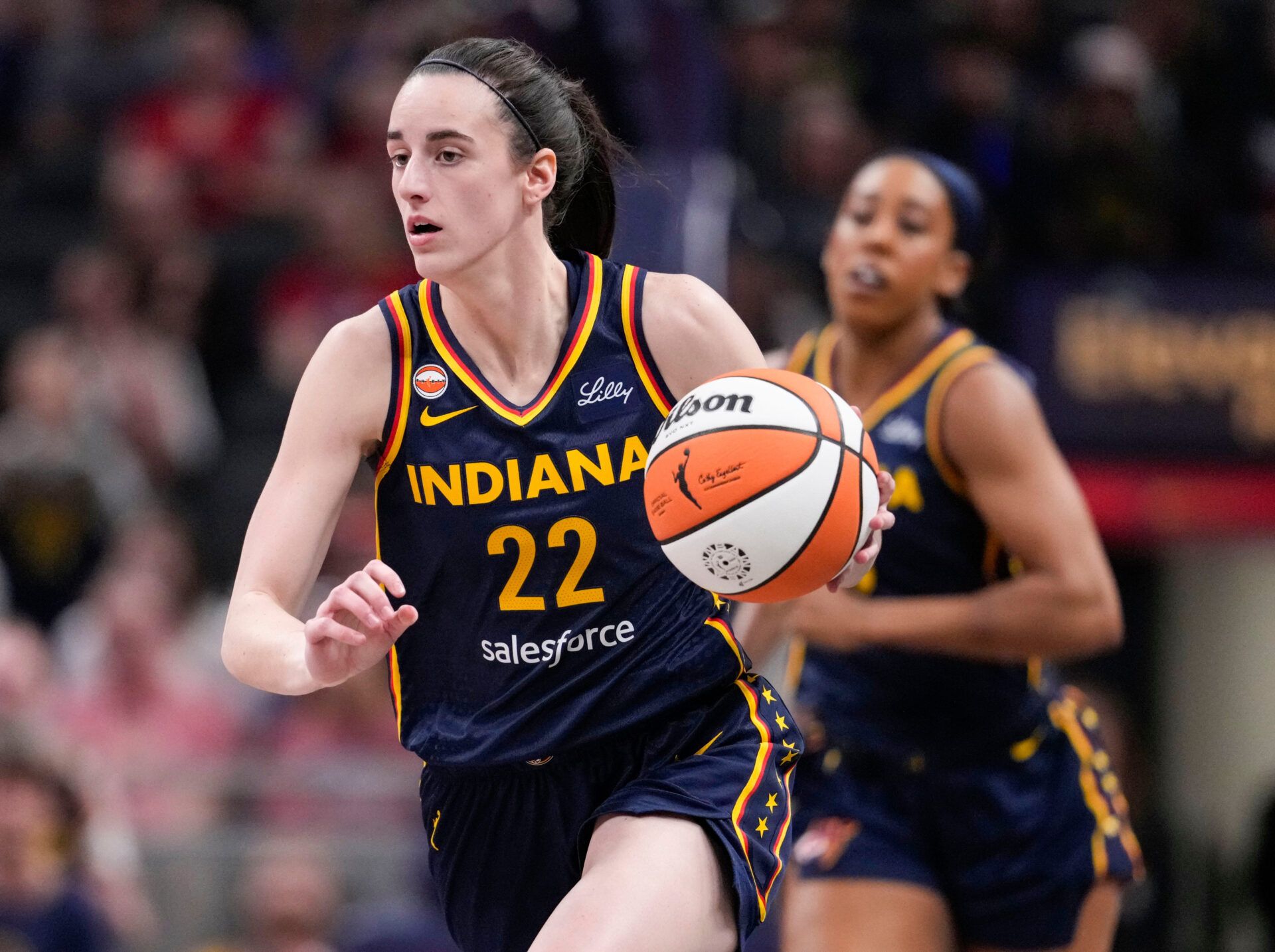 Indiana Fever guard Caitlin Clark (22) rushes up the court Monday, June 22, 2026, during the game at Gainbridge Fieldhouse in Indianapolis. The Indiana Fever defeated the Phoenix Mercury, 86-77.