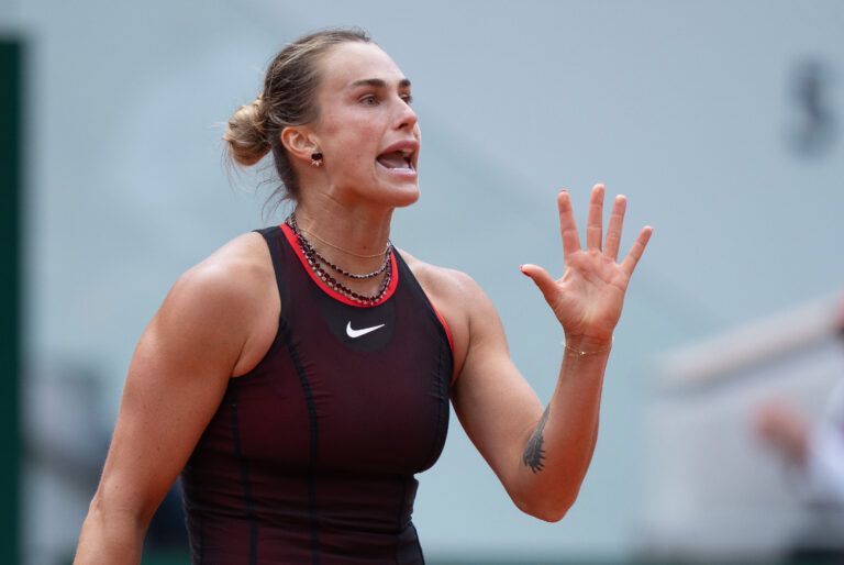 Aryna Sabalenka reacts during her match against Diana Shnaider on day 11 at Stade Roland Garros.