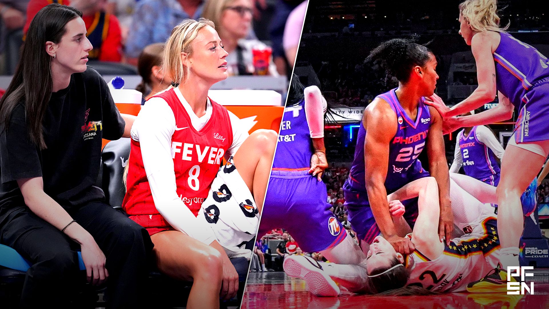 Collage featuring Indiana Fever guard Caitlin Clark (22) and guard Sophie Cunningham (8) watch from the bench during the first half of a game and Phoenix Mercury forward Alyssa Thomas (25) scrambles to get up over Indiana Fever guard Caitlin Clark (22) on Wednesday, June.
USA TODAY Network via Reuters Connect / USA TODAY Network via Reuters Co
