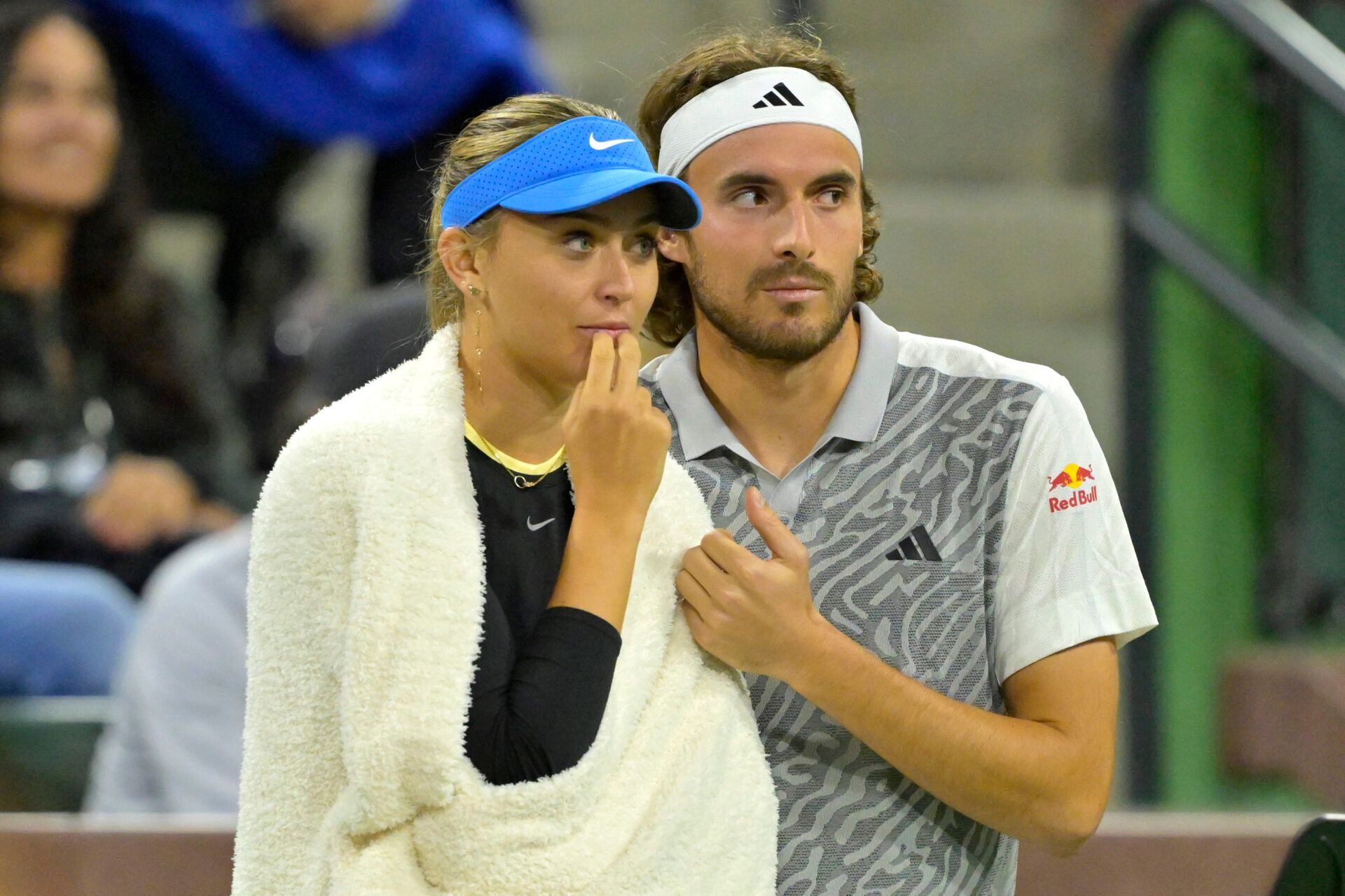 Paula Badosa and Stefanos Tsitsipas watch the action in the Eisenhower Cup Tie Break Tens event featuring mixed doubles during the BNP Paribas Open at the Indian Wells Tennis Garden.