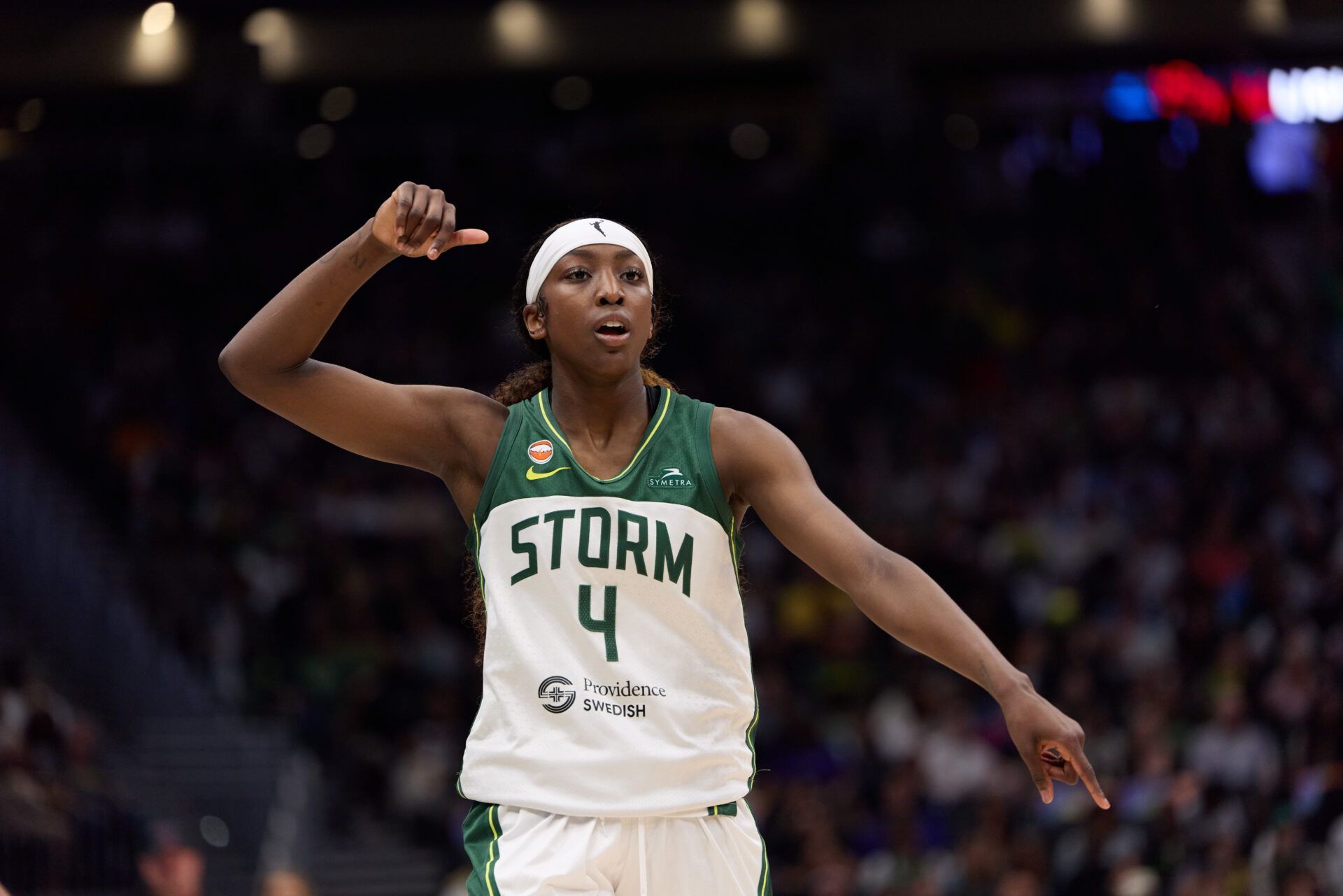 Seattle Storm guard Flau'jae Johnson (4) reacts in the fourth quarter at Climate Pledge Arena.