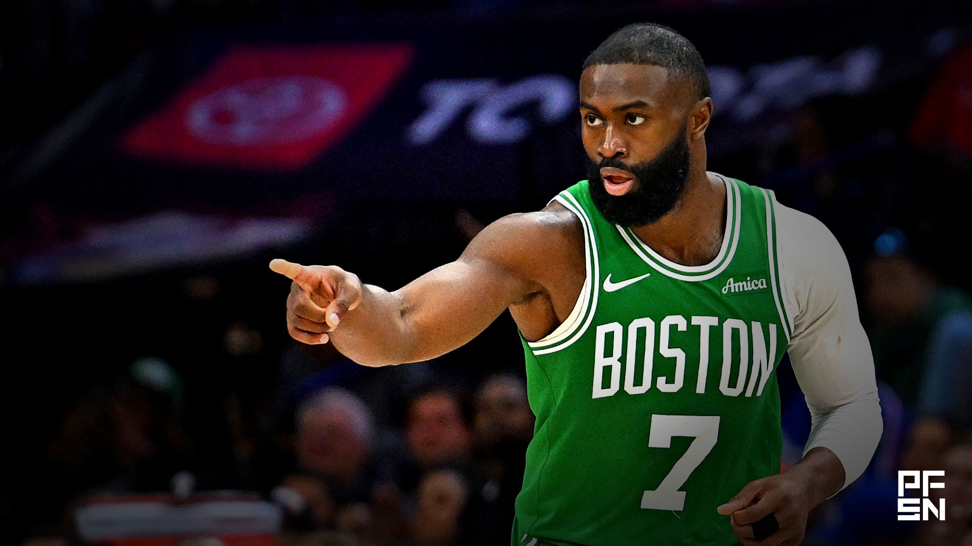 Boston Celtics guard Jaylen Brown (7) reacts after making a three point basket against the Philadelphia 76ers during the second half at Xfinity Mobile Arena.