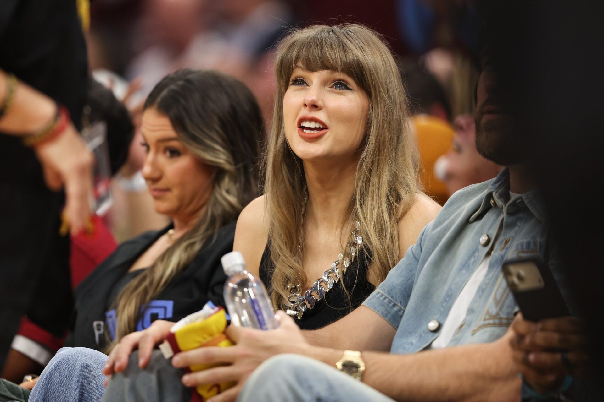 Taylor Swift reacts from the sideline during game three of the eastern conference finals for the 2026 NBA playoffs between the New York Knicks and Cleveland Cavaliers at Rocket Arena.