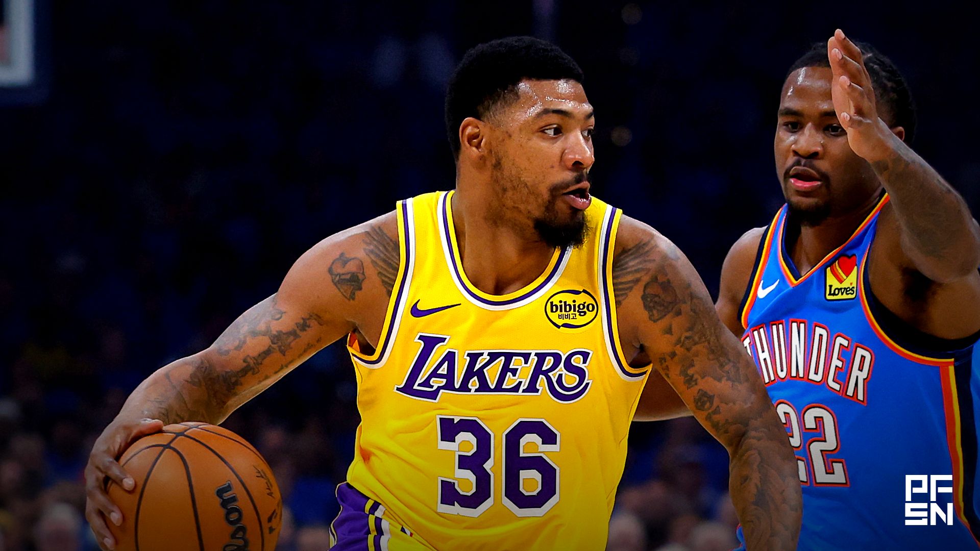 Los Angeles Lakers guard Marcus Smart (36) moves the ball around Oklahoma City Thunder guard Cason Wallace (22) in the first half during game one of the second round of the 2026 NBA Playoffs at Paycom Center.