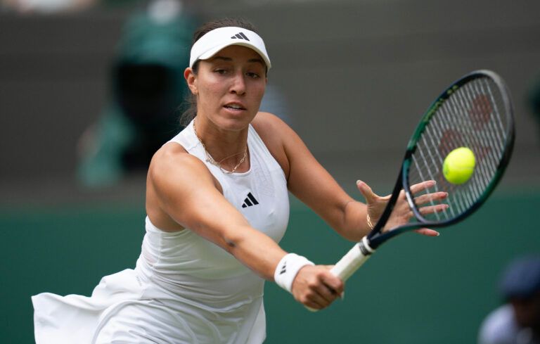 Jessica Pegula (USA) returns a shot during her match against Marketa Vondrousova (CZE) on day nine of Wimbledon at the All England Lawn Tennis and Croquet Club.