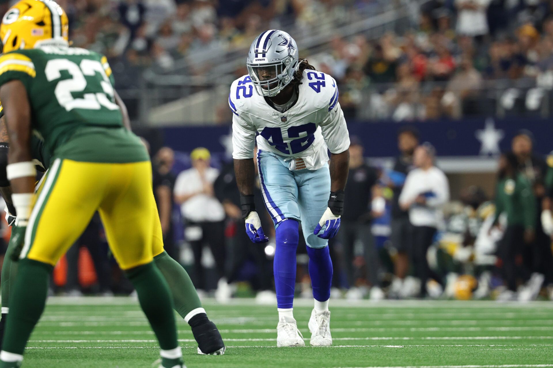 Dallas Cowboys defensive end Jadeveon Clowney looks on in the second half against the Green Bay Packers at AT&T Stadium.