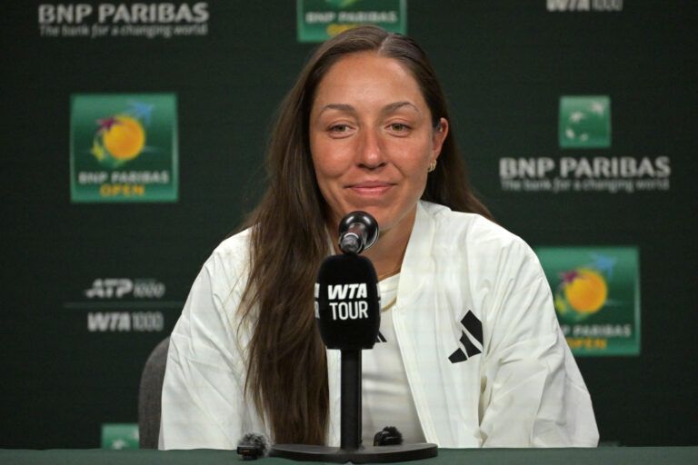 Jessica Pegula (USA) speaks to the media at a news conference during the BNP Paribas Open at the Indian Wells Tennis Garden.