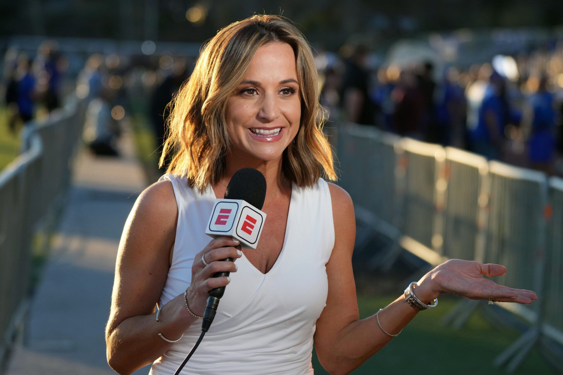 ESPN reporter Dianna Russini at Los Angeles Rams Super Bowl LVI Opening Night at Oaks Christian High School.