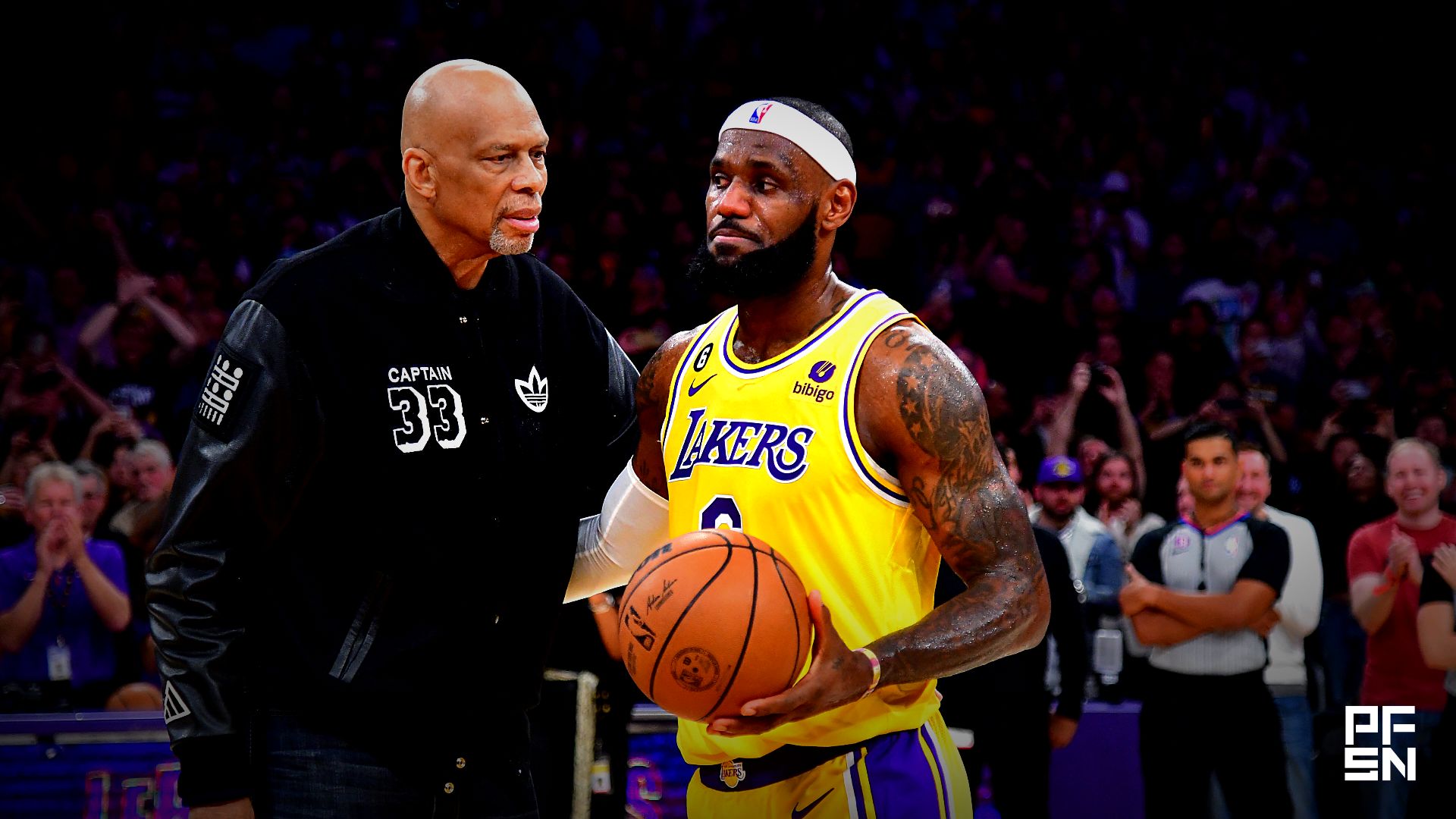 Los Angeles Lakers forward LeBron James (6) meets with former player Kareem Abdul-Jabbar after breaking the NBA all time scoring record against the Oklahoma City Thunder during the second half at Crypto.com Arena.
