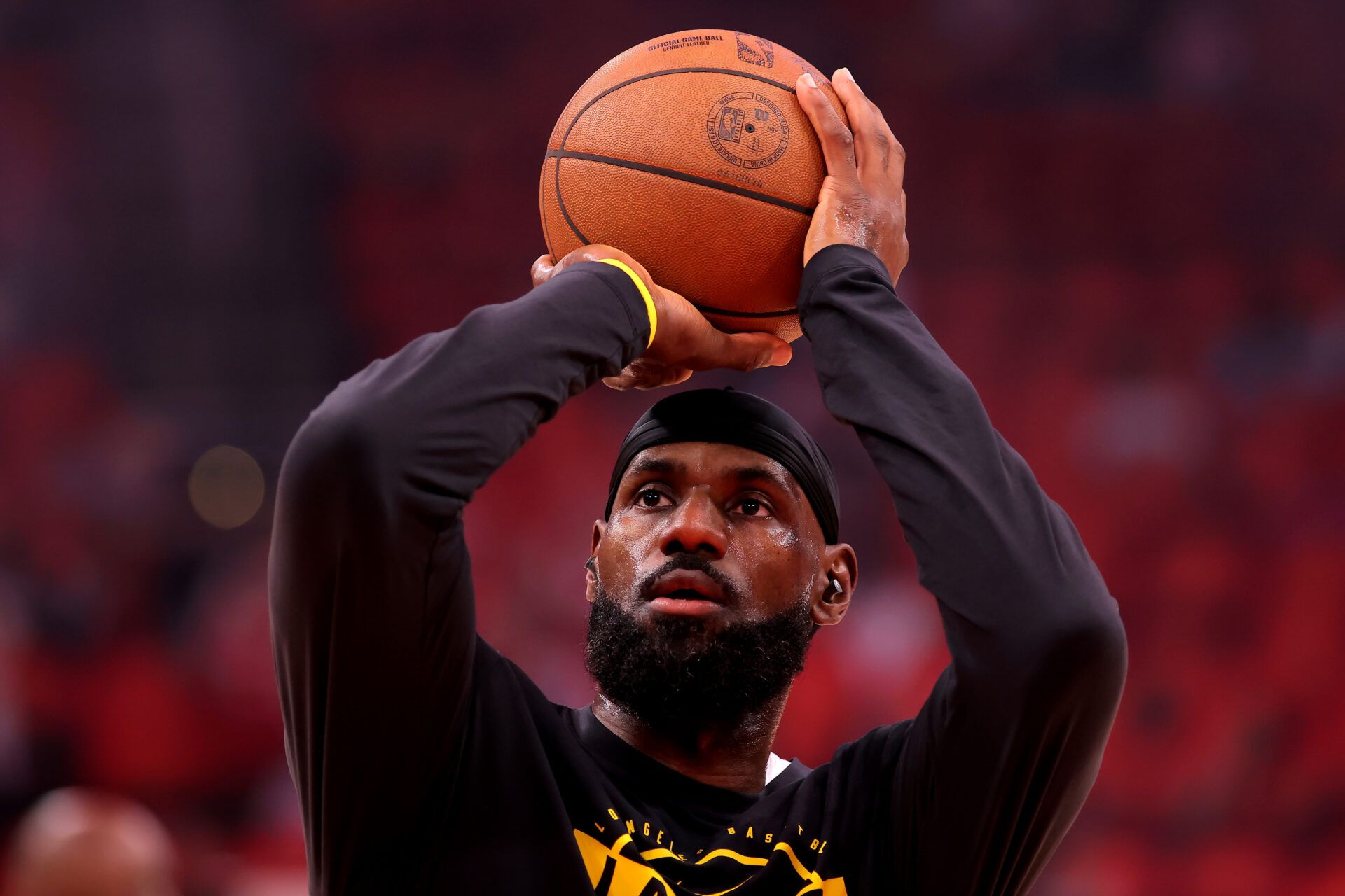 Los Angeles Lakers forward Lebron James (23) warms up prior to game six of the first round of the 2026 NBA Playoffs against the Houston Rockets at Toyota Center.