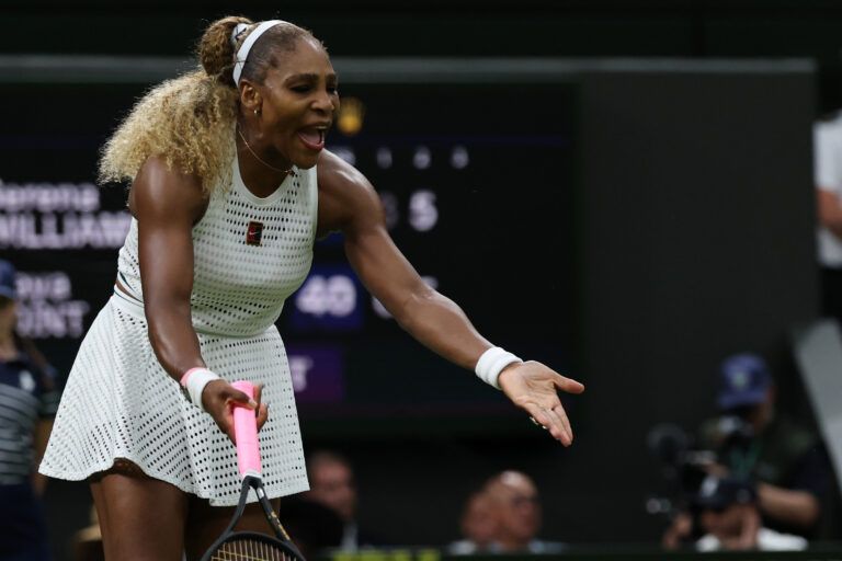 Serena Williams (USA) reacts after losing a point against Maya Joint (AUS) (not pictured) on day two of The Championships Wimbledon 2026 at All England Lawn Tennis and Croquet Club.