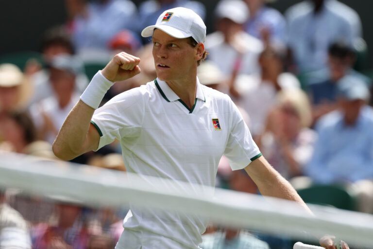 Jannik Sinner (ITA) reacts after winning the second set against Miomir Kecmanovic (SRB) (not pictured) on day one of The Championships Wimbledon 2026  at All England Lawn Tennis and Croquet Club.