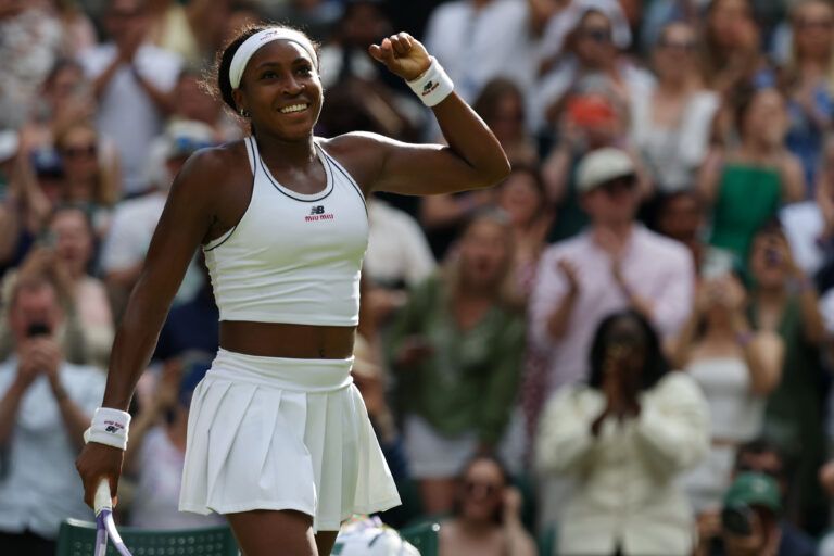 Coco Gauff (USA) celebrates after her match against Solana Sierra (ARG) (not pictured) on day three of The Championships Wimbledon 2026 at All England Lawn Tennis and Croquet Club.