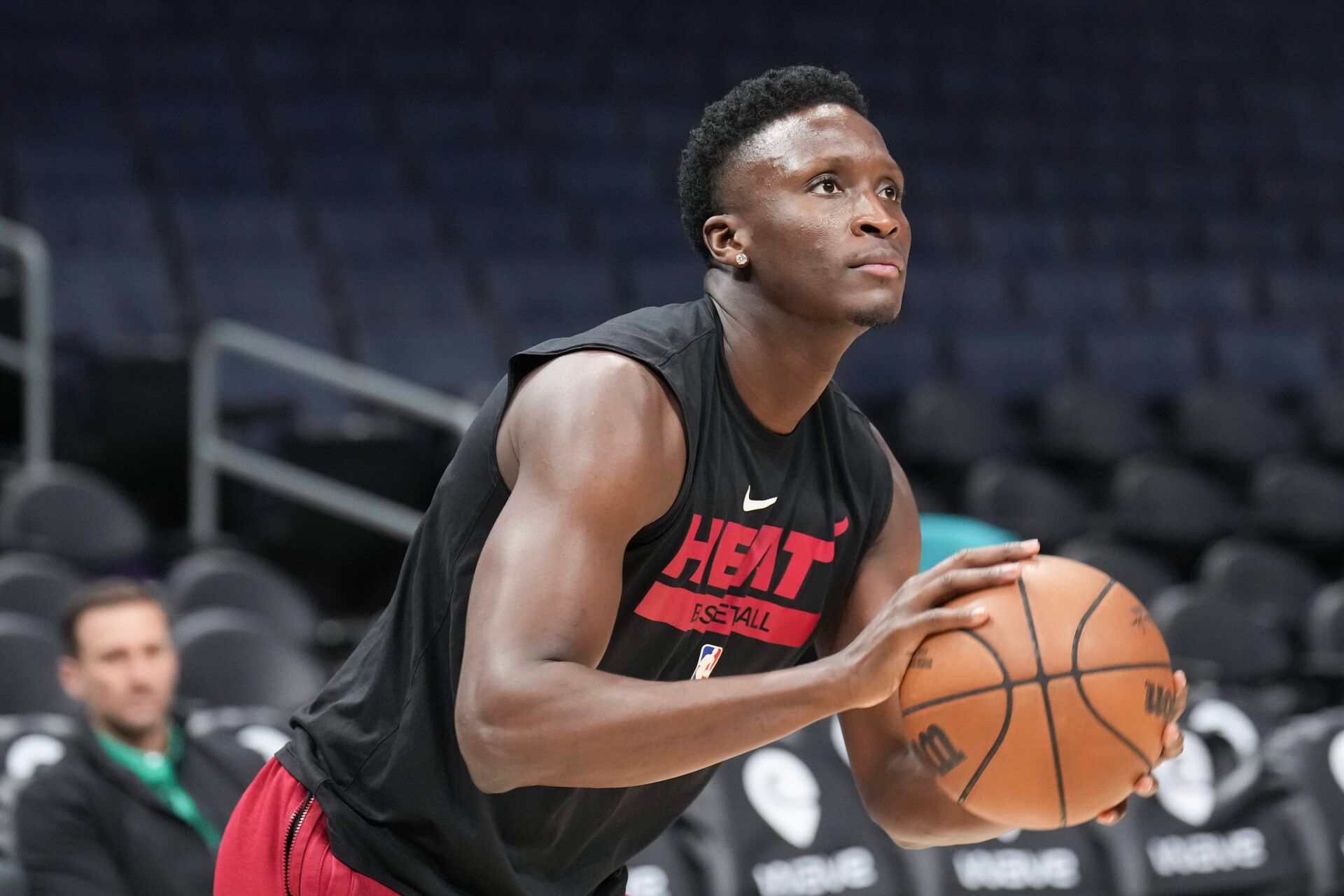 Miami Heat guard Victor Oladipo (4) on the court prior to a game against the Charlotte Hornets at Spectrum Center.