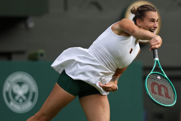 Aryna Sabalenka serves against Teodora Kostovic (SRB) (not pictured) on day one of The Championships Wimbledon 2026  at All England Lawn Tennis and Croquet Club.